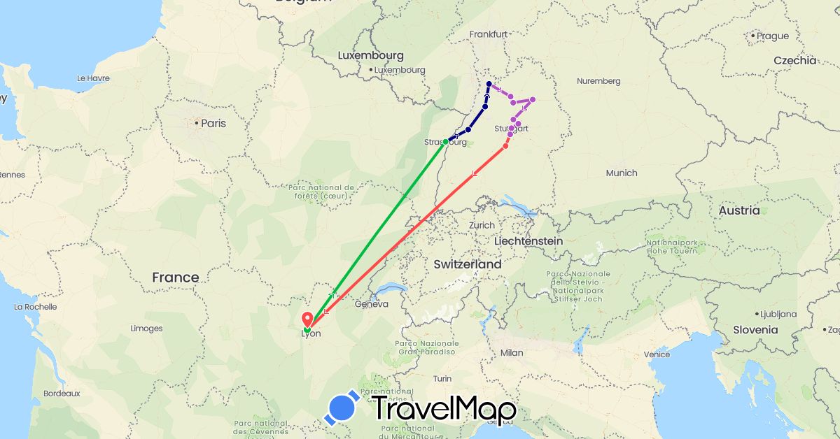 TravelMap itinerary: driving, bus, train, hiking in Germany, France (Europe)